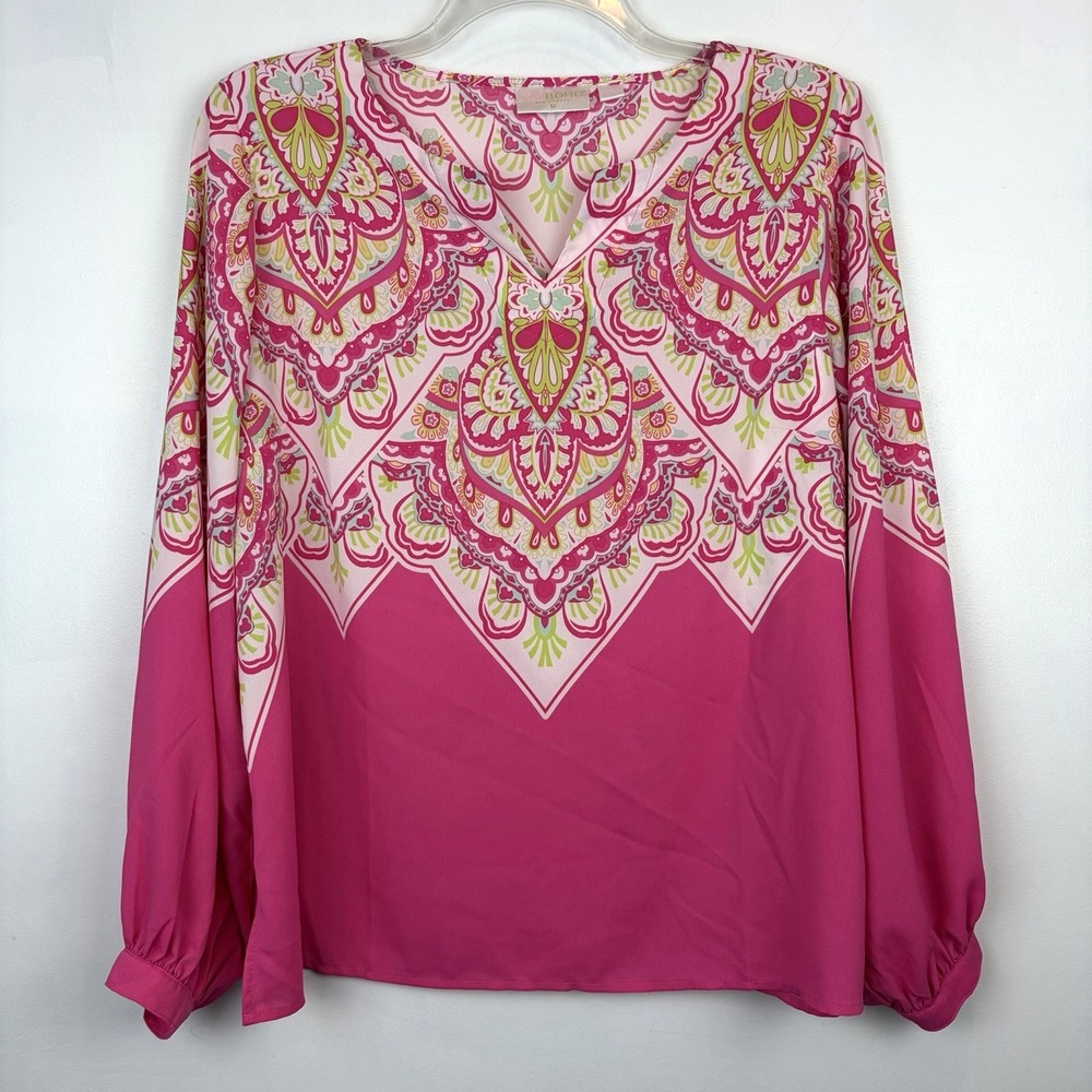 Belle by Kim Gravel Popover Chiffon Boho Top Womens Large Blouson Pink Vacation